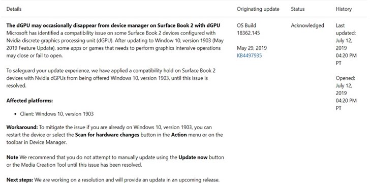 微軟承認Windows 10 1903版本存dGPU Bug，Surface Book 2暫停推送更新