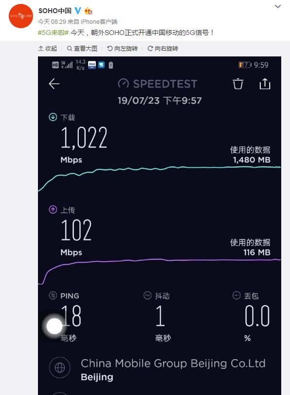 SOHO中國：北京朝外SOHO正式開通中國移動5G信號
