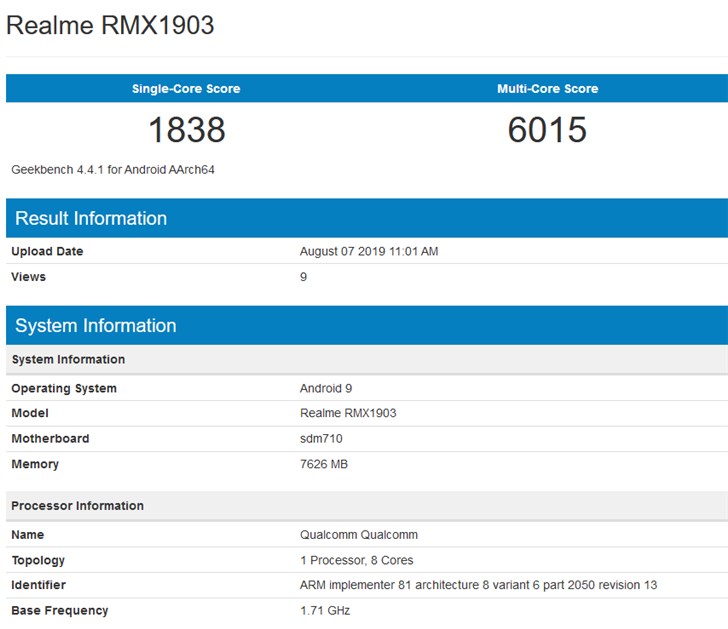 realme新機跑分曝光，將采用驍龍710處理器