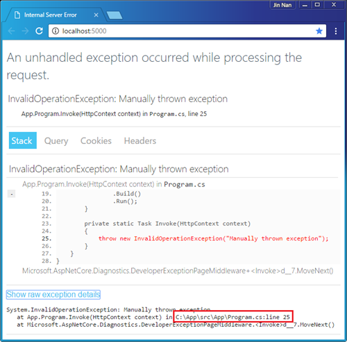 ASP.NET Core應用錯誤處理之DeveloperExceptionPageMiddleware中間件呈現“開發者異常頁面”