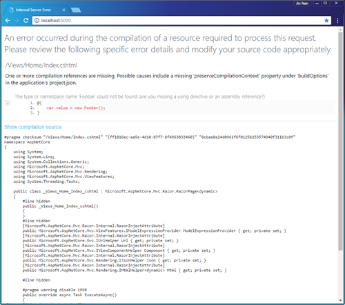 ASP.NET Core應用錯誤處理之DeveloperExceptionPageMiddleware中間件呈現“開發者異常頁面”