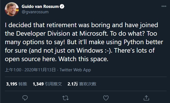 Python 之父 Guido van Rossum 退休失敗，正式加入微軟