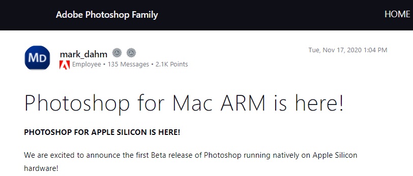 Adobe 發(fā)布全新 Photoshop Beta：支持 Arm 架構，適用于蘋果 M1 芯片 Mac