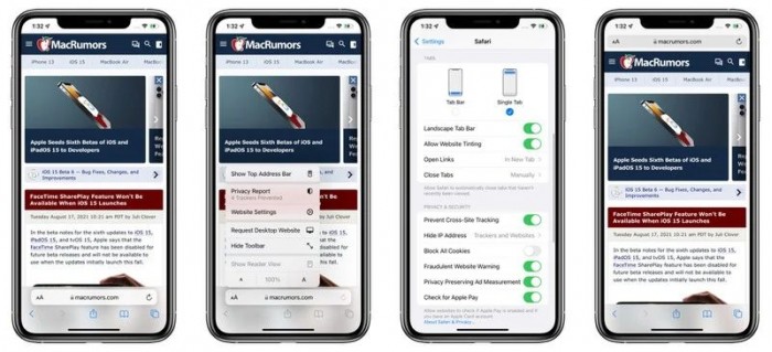 iOS 15 Safari新變化：地址欄可根據用戶偏好設置在頂部或底部