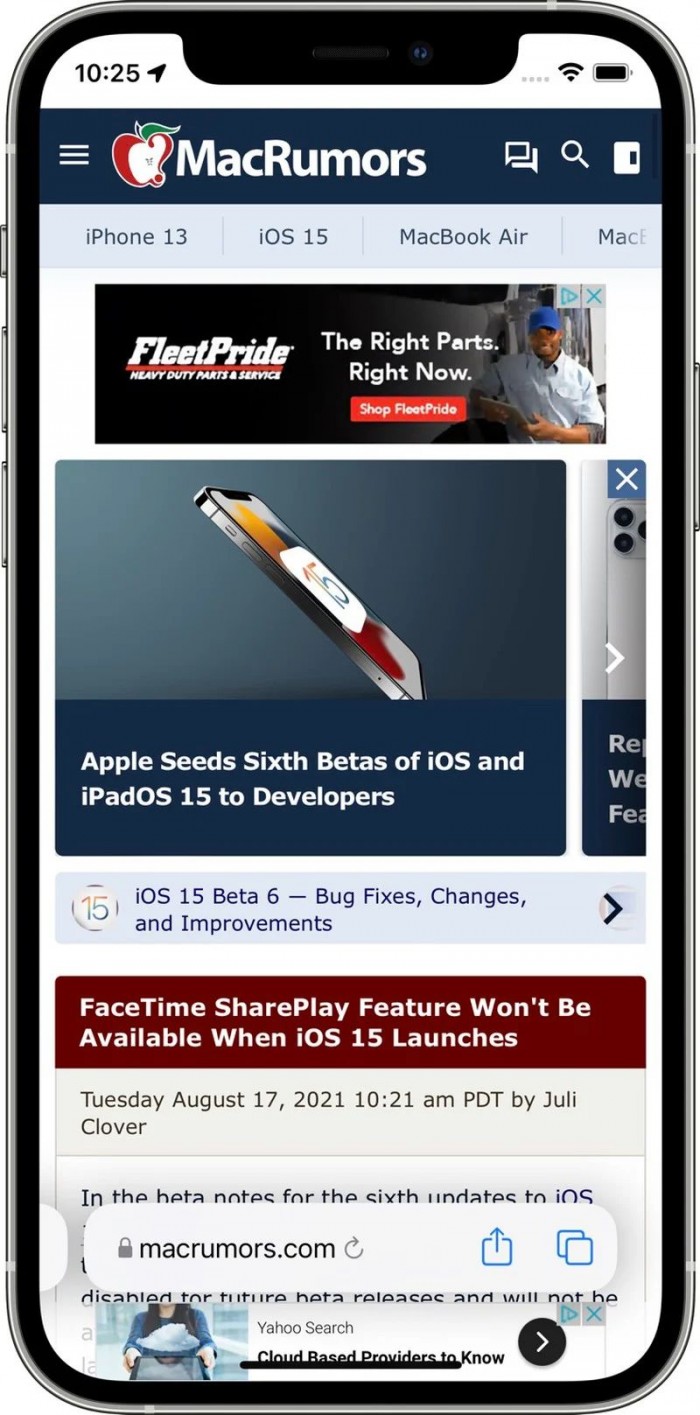 iOS 15 Safari新變化：地址欄可根據用戶偏好設置在頂部或底部