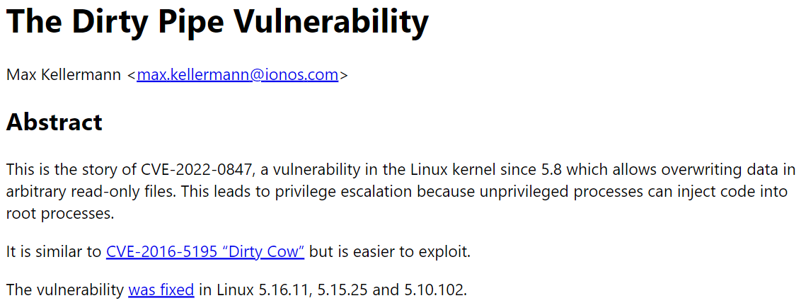 Linux 內(nèi)核最新高危提權(quán)漏洞：臟管道 (Dirty Pipe)